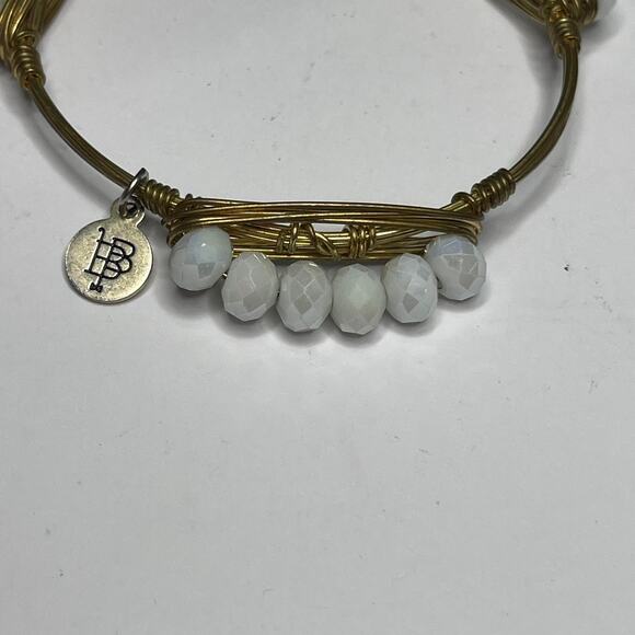BOURBON & BOWETIES gold tone bracelet bangle petite faceted white beads jewelry - Picture 2 of 10